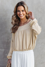 Jet Stream Textured Pleated Drop Shoulder Long Sleeve Knit Top
