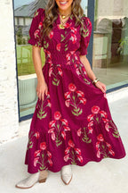Red Floral Print Frilled V Neck Short Sleeve Ruffle Maxi Dress