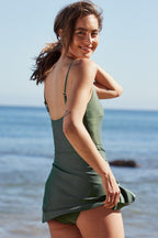 Mist Green Side Tied Waist Square Neck Adjustable Straps A-line One Piece Swim Dress
