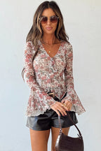 Red Floral Print Stitched Detail Tie V Neck Long Bell Sleeve Blouse