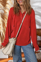 Racing Red Twist Ribbed Half Button Collared Drawstring Pullover Top