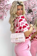 Sachet Pink 2-tone Heart Print Valentine Crew Neck Short Sleeve Sweater