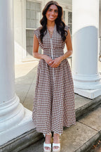Coffee Plaid Print Full Zipper Cinched Waist Fit Flare Sleeveless Maxi Dress