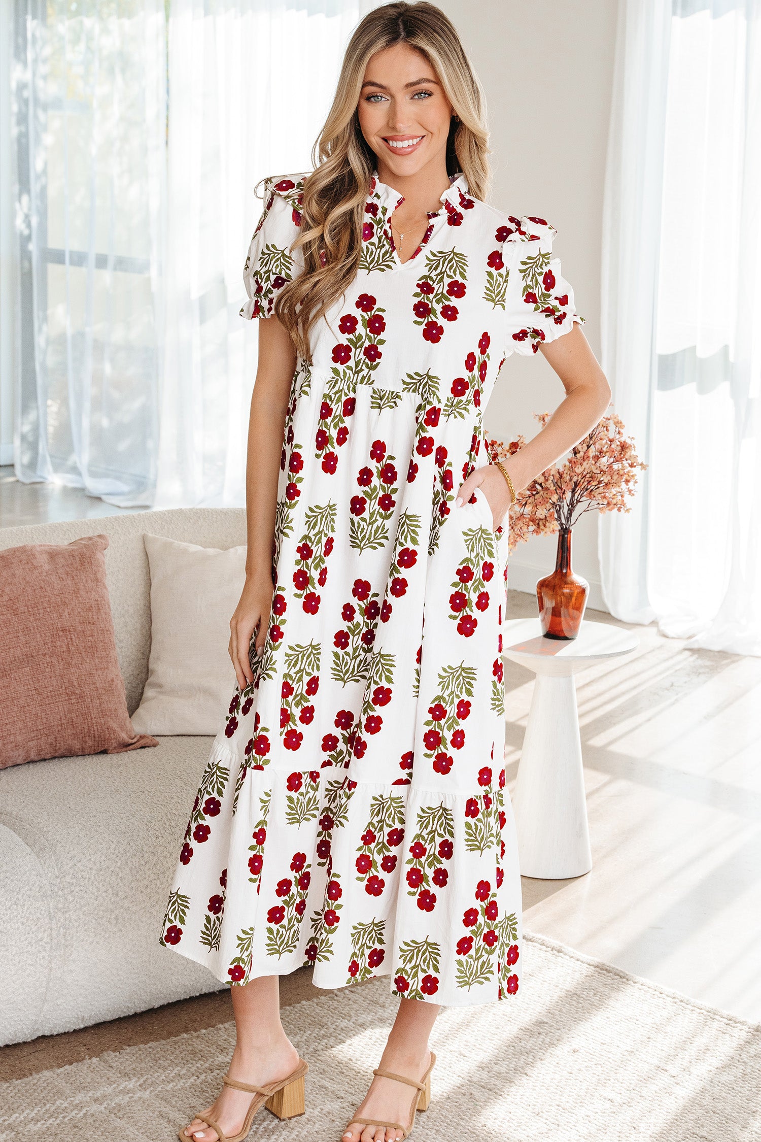 Floral Short Bubble Sleeve Tiered Maxi Dress