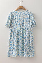 Sky Blue Leopard Contrast Bow Puff Sleeve Mini Dress