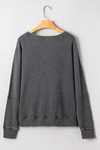 Dark Grey Waffle Knit Patchwork Long Sleeve Loose Top