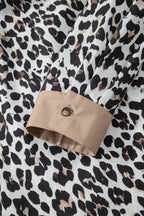 Multicolour Leopard Print Contrast Trim Button Split Neck Plus Long Sleeve Top