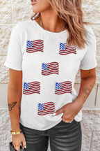 White Sequin American Flag Patched Casual T Shirt