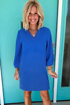 Sky Blue Frilled V Neck Bracelet Sleeve Shift Mini Dress