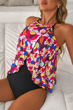 Purple Floral Print O Neck Open Back One Piece Swimsuit