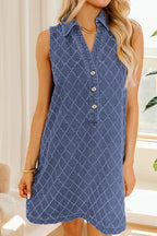 Sail Blue Rhombus Textured Collar Buttoned V Neck Denim Sleeveless Mini Dress