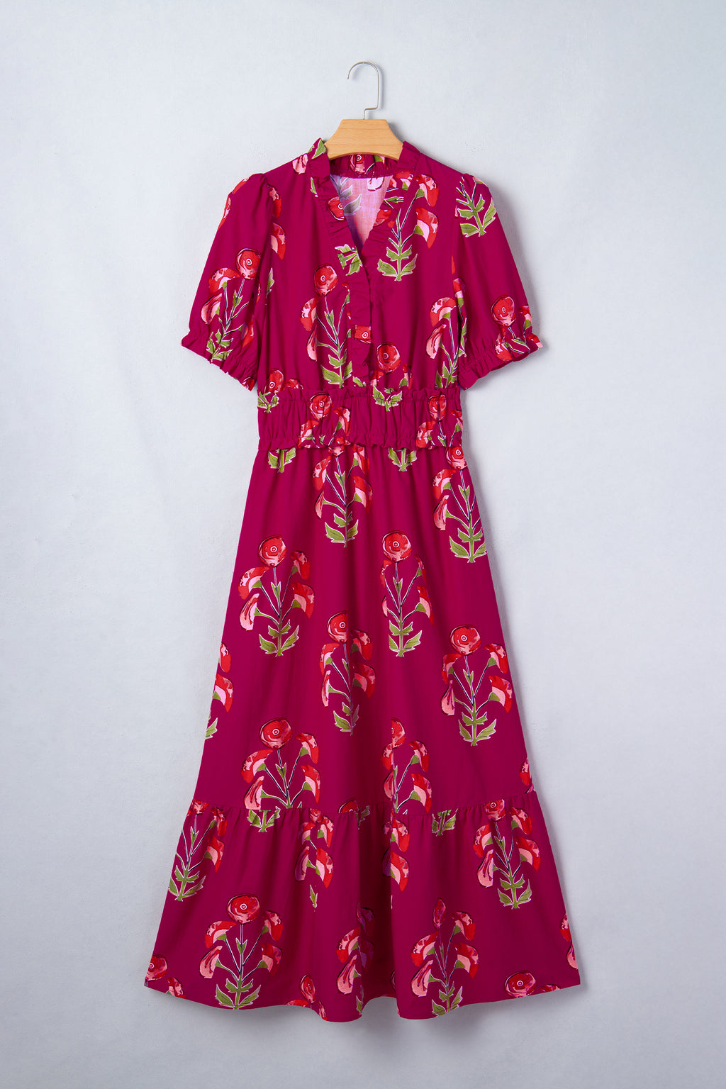 Red Floral Print Frilled V Neck Short Sleeve Ruffle Maxi Dress
