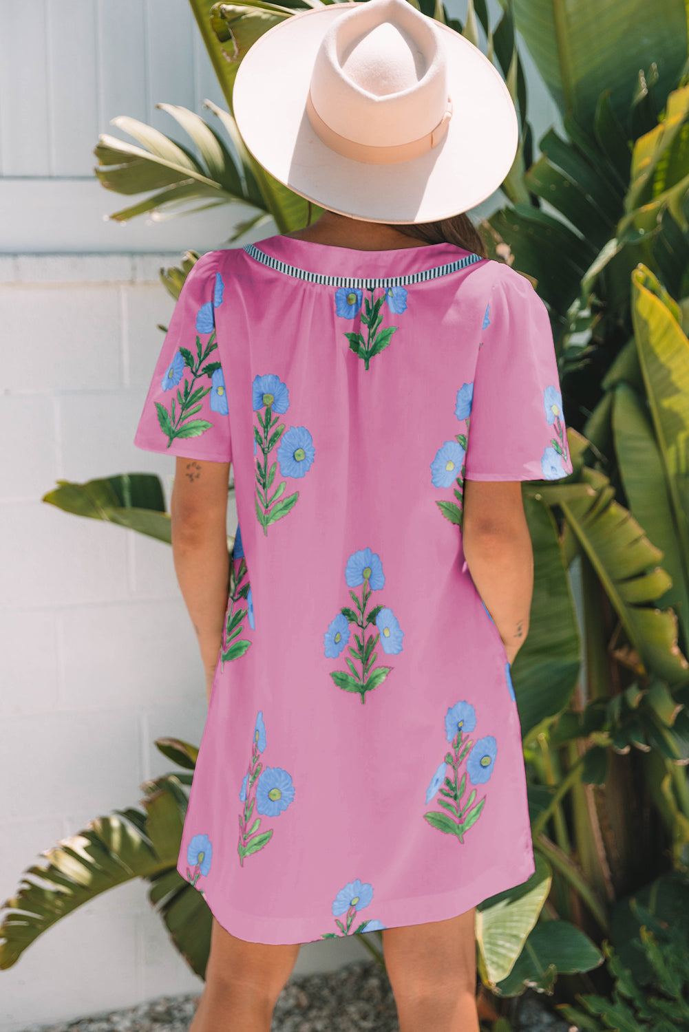 Floral Short Sleeve Split Neck Loose Mini Dress