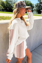 White Color Block Patchwork Drop Shoulder Pullover Casual Shorts 2pcs Outfit