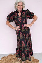 Floral Short Bubble Sleeve Tiered Maxi Dress