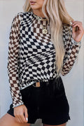 Checkered Pattern Mesh Mock Neck Long Sleeve Top