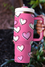 Rose Red Valentines Heart Printed Thermos Cup with Handle 40oz