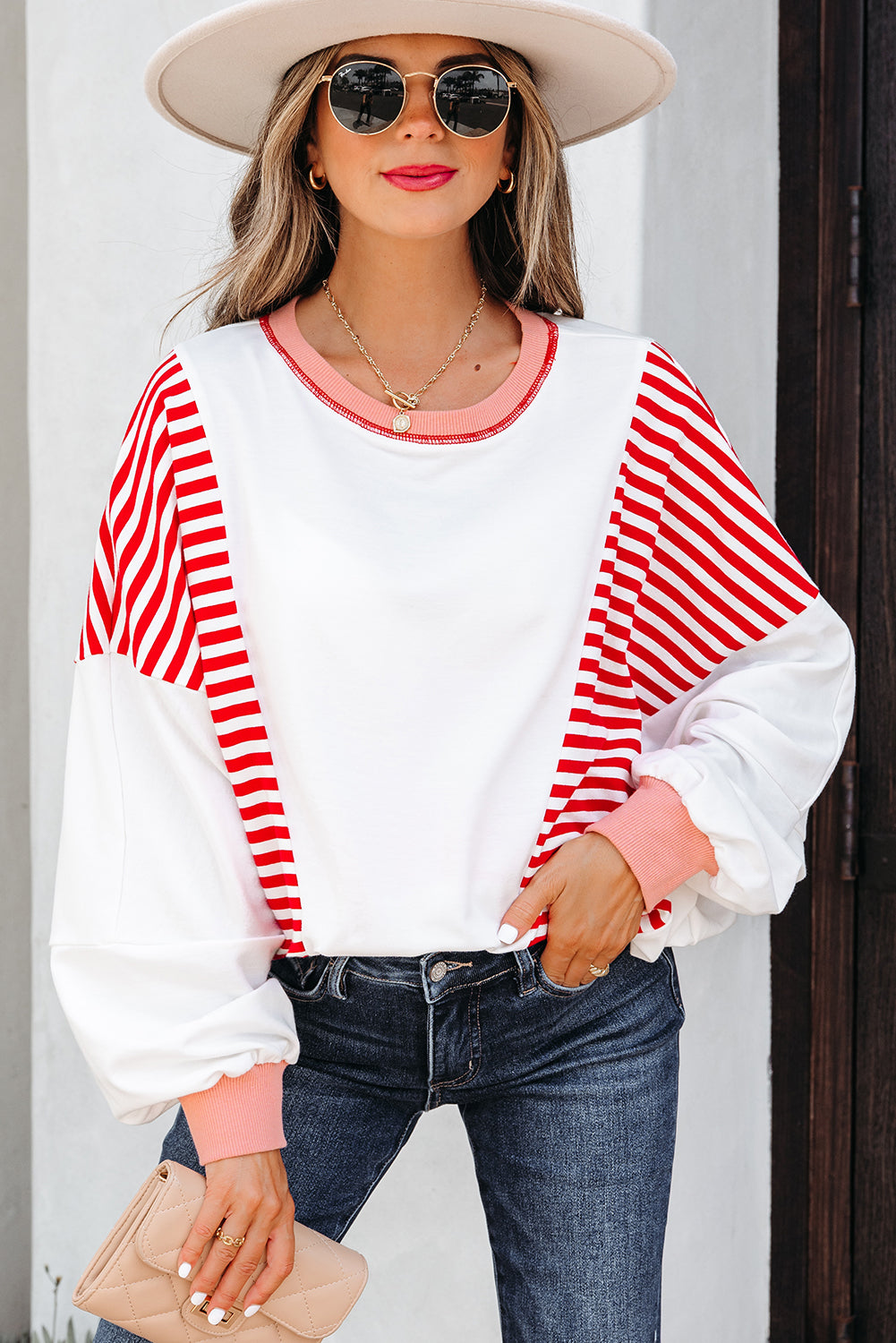 Green Stripe Colorblock Patchwork Contrast Stitching Oversize Sweatshirt