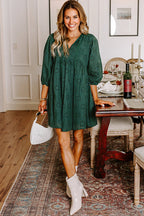 Blackish Green Embroidered Eyelet Pattern 3/4 Puffy Sleeve Swing Mini Dress