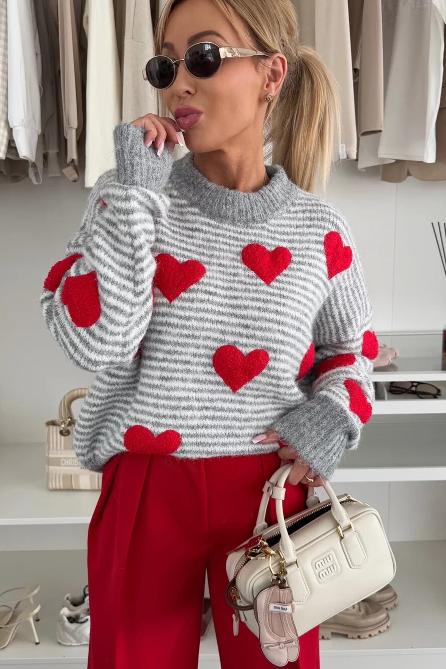 Stripe Contrast Heart Pattern Valentine Knit Sweater
