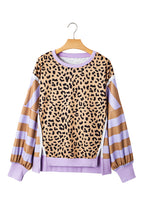Purple Stripe Color Block Patchwork Leopard Casual Sweatshirt with Slits