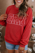Fiery Red Twist Ribbed MERRY Letter Graphic Plus Size Pullover