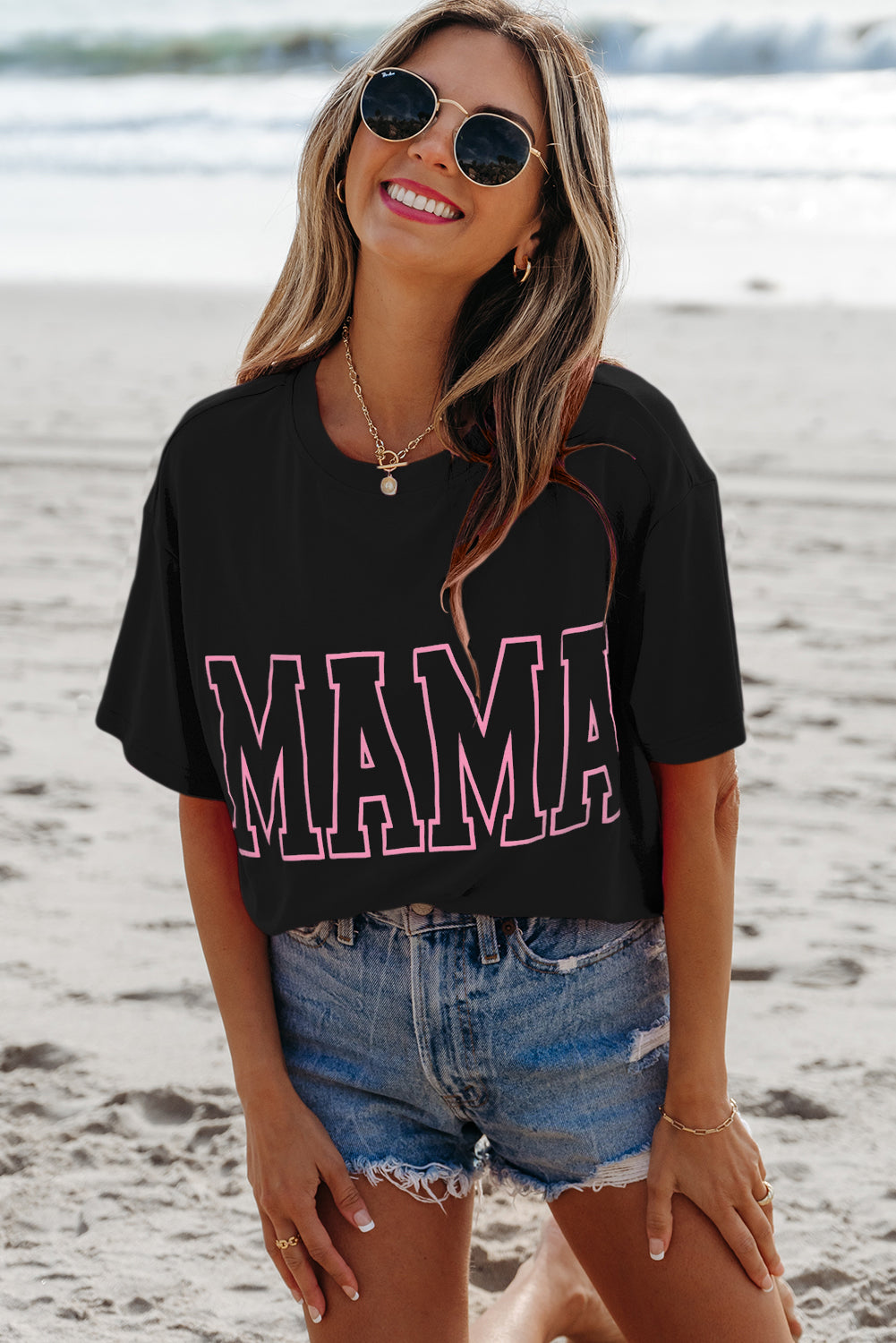 Light Blue MAMA Letter Graphic Neon T Shirt