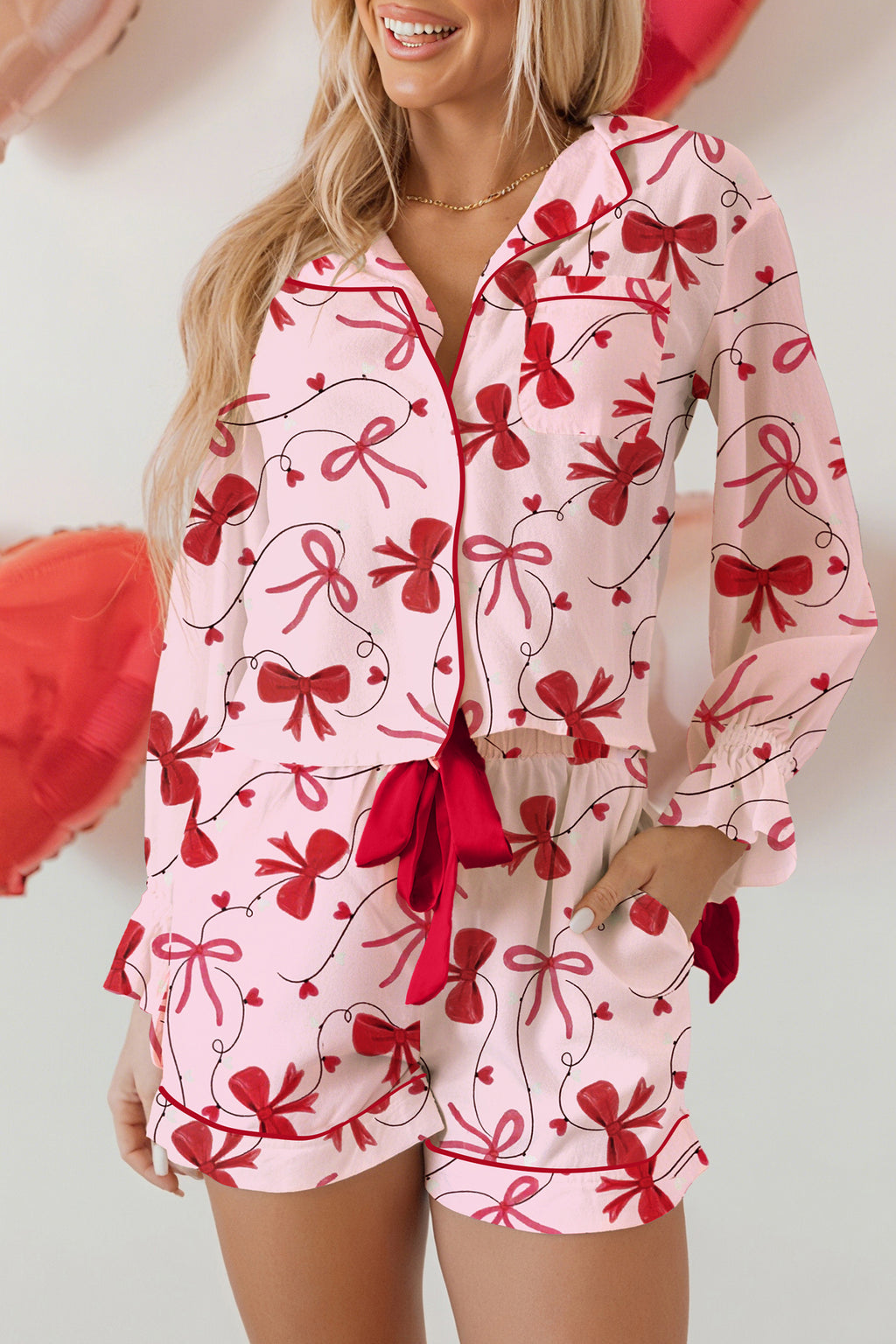 Red Bow Print Valentine Long Sleeve Shirt Shorts 2 Pcs Pajama Set