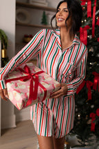 Pink Stripe Christmas Long Sleeve Shirt Style Lounge Dress