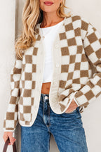 Brown Checkered Sherpa Buttoned Front Chunky Jacket
