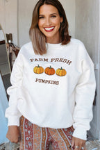 White FARM FRESH PUMPKINS Embroidered Graphic Thanksgiving Holiday Sweatshirt