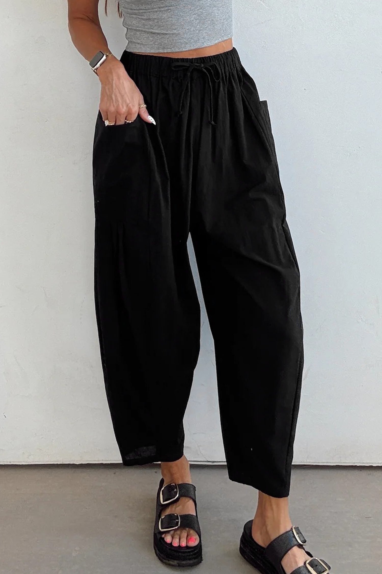 Drawstring Elastic Waist Patch Pocket Barrel Leg Casual Pants