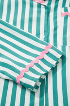Green Stripe Contrast Ricrac Trim Long Sleeve Shirt Drawstring Ruffled Pyjama Short Set