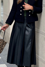 Black Faux Leather Retro Buckle Detail Pleated Stitch Flared Midi Skirt