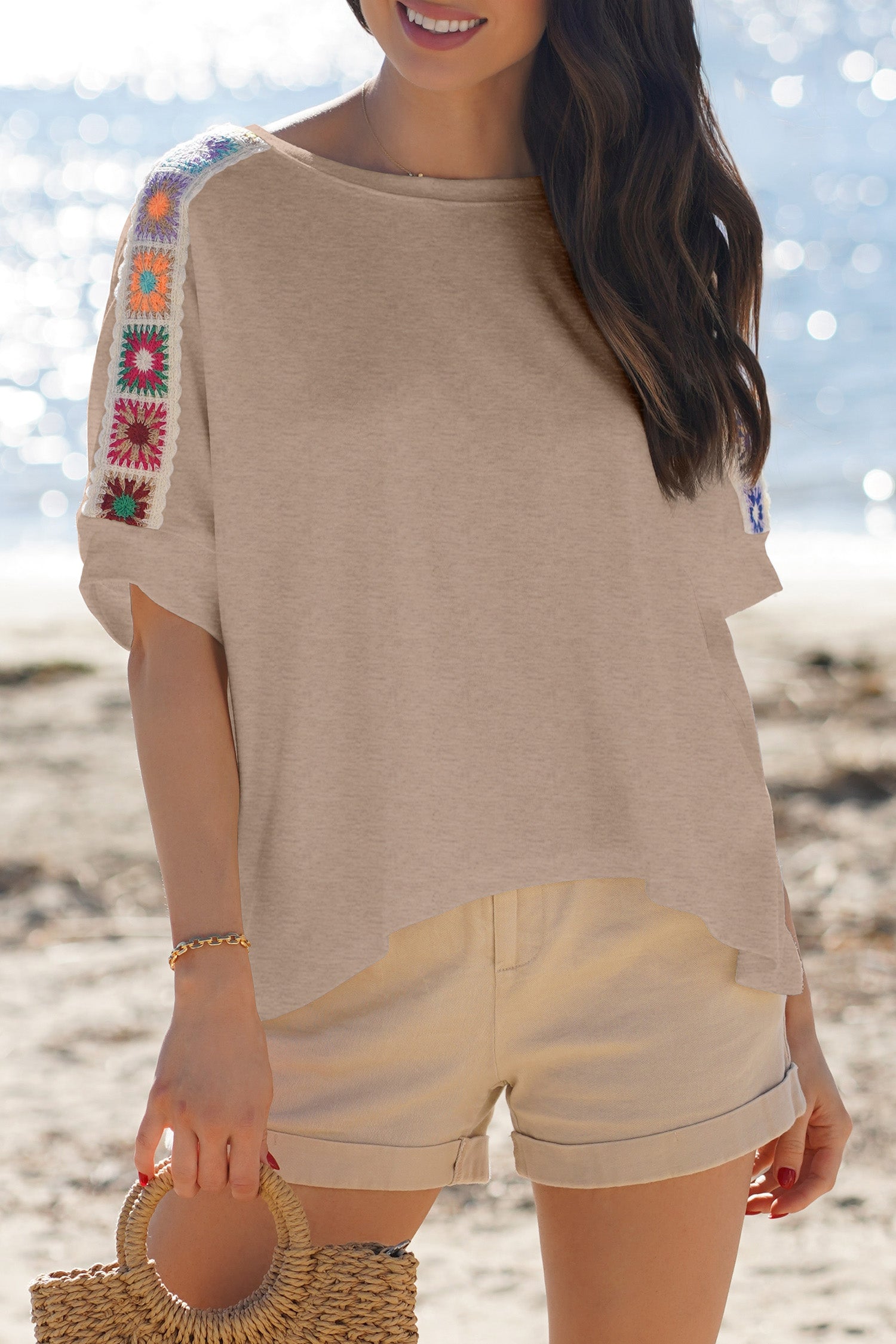 Granny Square Crochet Detail Loose T Shirt