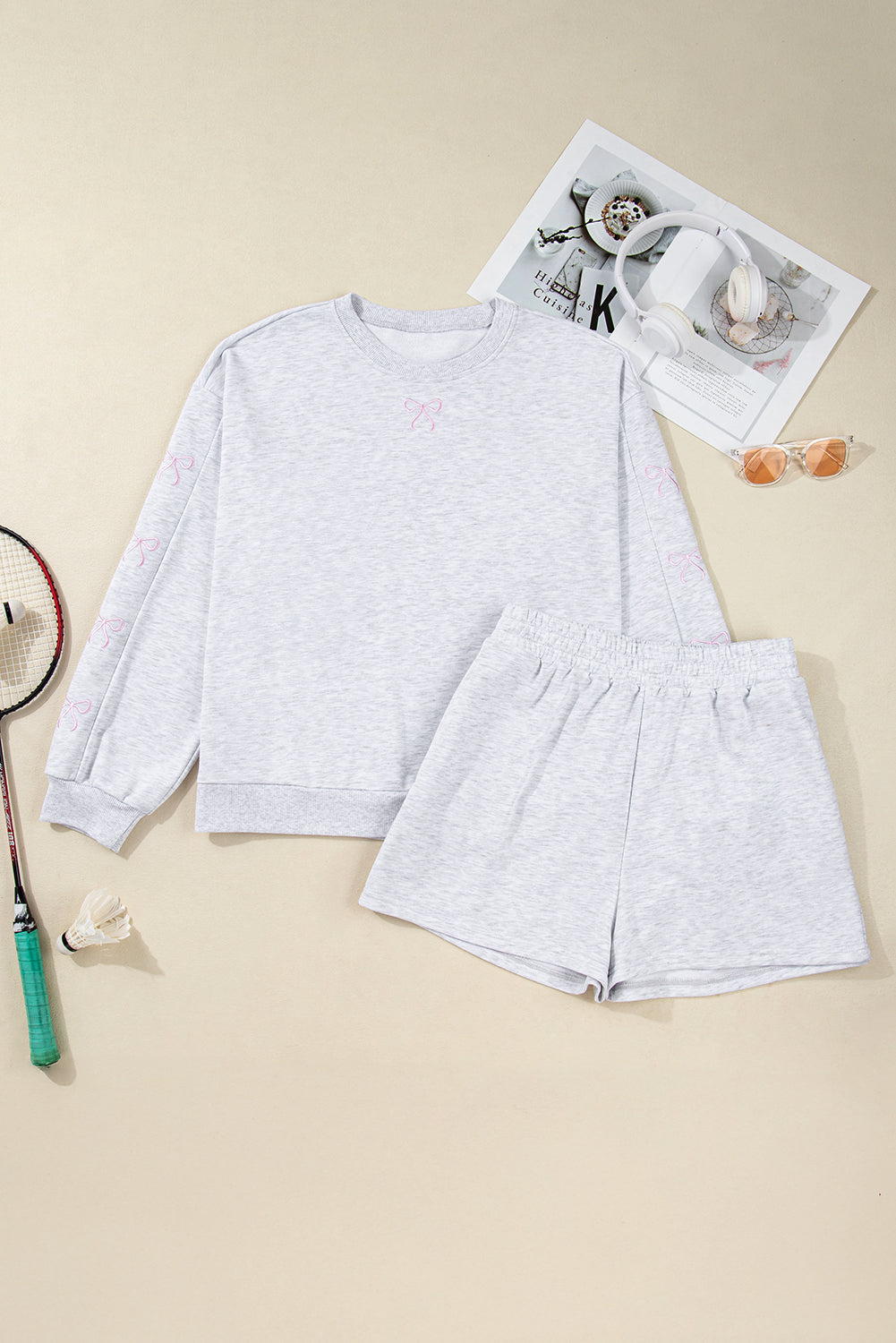 Light Grey Girly Bow Embroidered Puff Sleeve Pullover Loose Shorts Plus Size 2pcs Outfit
