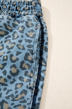Blue Leopard Print Exposed Seam Detail Wide Leg Drawstring Jeans