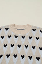 Parchment Geometric Heart Print Ribbed Trim Loose Sweater