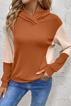 Gold Flame Contrast Color Ribbed Patchwork Crossed Pullover Neck Hoodie