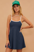 Navy Blue Color Block Edge Ribbed Pocketed Lined Swim Dress