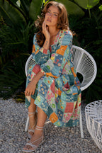 Sky Blue Mix Floral Checkered Pattern Bubble Sleeve Ruffle Hem Dress