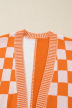 Orange Checkered Bubble Sleeve Drop Shoulder Open Cardigan