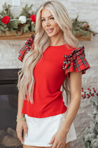 Plaid Pearl Ruffle Short Sleeve Loose T Shirt