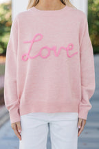 Pink Corded Love Script Graphic Baggy Sweater