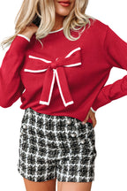 Fiery Red Contrast Trim Big Bow Accent Holiday Cropped Sweater