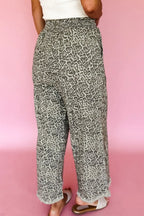 Brown Leopard Print Raw Hem Elastic Waist Loose Pull On Jeans