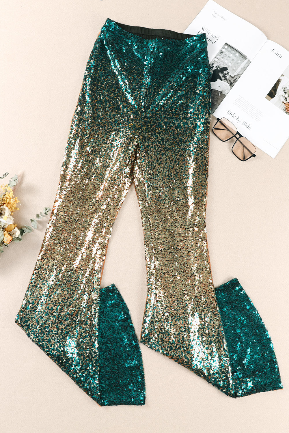 Green Black & Gold Gradient Sequined Pants