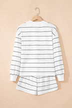 White Stripe Zip up Drop Shoulder Pullover and Shorts 2pcs Outfit