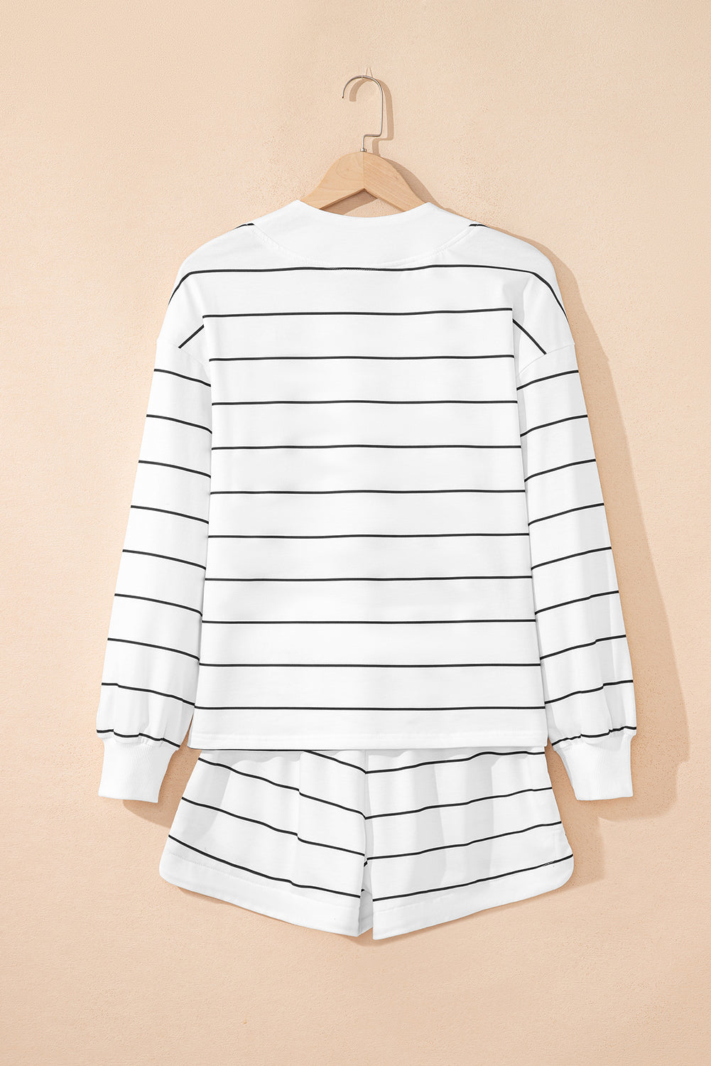 White Stripe Zip up Drop Shoulder Pullover and Shorts 2pcs Outfit