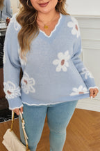 Gray Fuzzy Flower Scalloped V Neck Plus Size Sweater